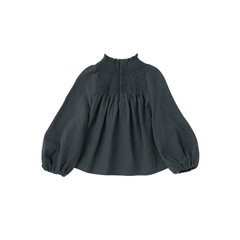 blouses 3 shirring navy深藍皺摺襯衫