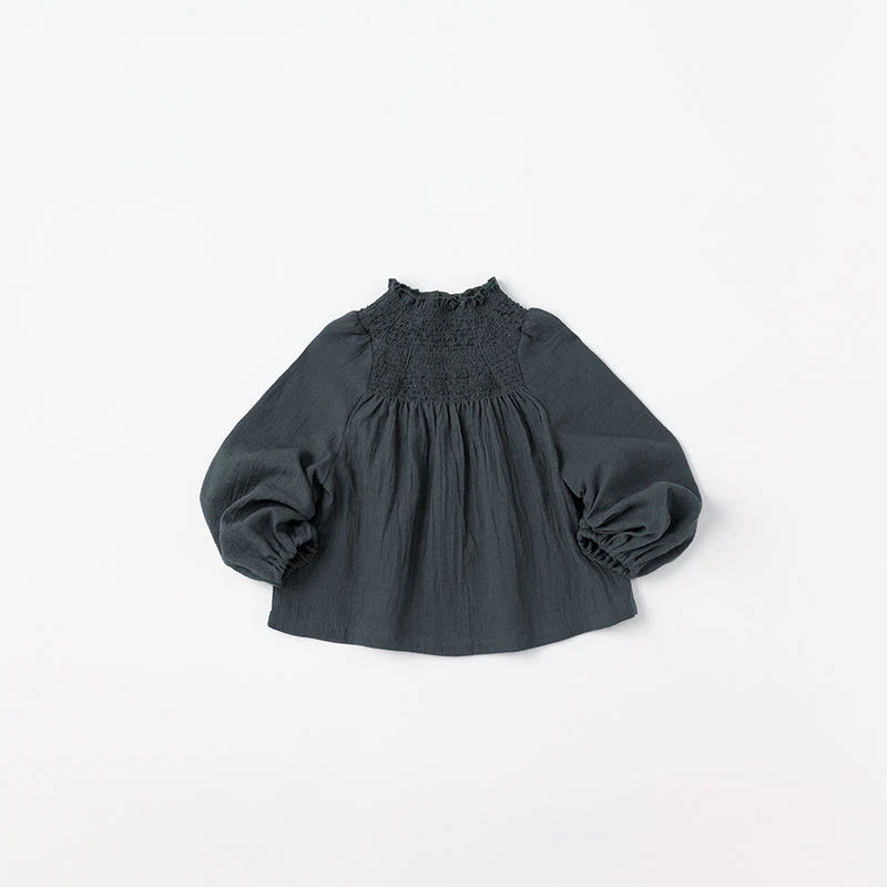 blouses 3 shirring navy深藍皺摺襯衫