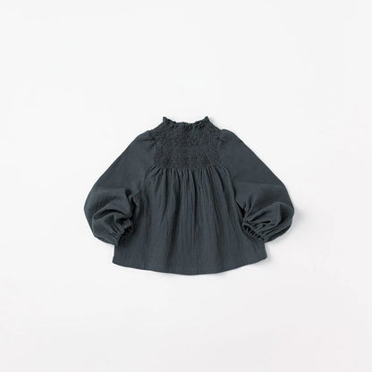 blouses 3 shirring navy深藍皺摺襯衫