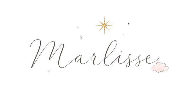Personalized script name 'Marlis' in dark gray cursive, surrounded by pastel pink clouds, a gold star, and small stars on a white background with a faint gray checkerboard pattern.